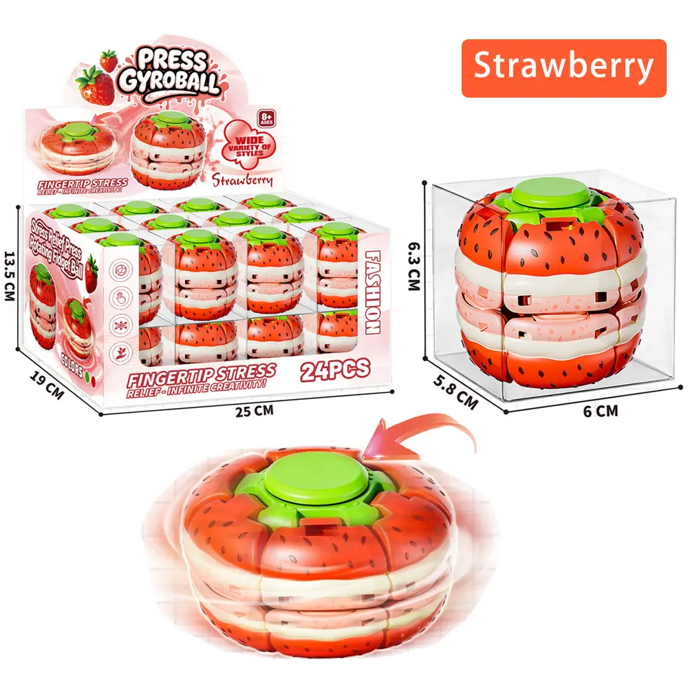 Fruit-Shaped Press-Deform & Spin Fidget Toy – 24-Piece Display Box for Stress Relief