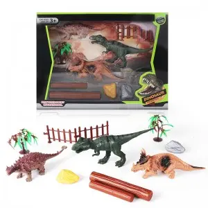 Dinosaur Toy Set with Fence & Tree – 3 Dino Figures Window Box for Kids Gift