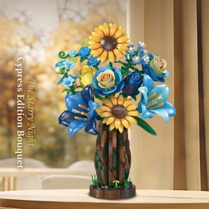 799PCS Blue Tone Starry Cypress Vase – Flower Bouquet Building Blocks Toys for Home Decor