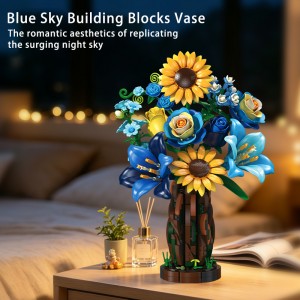799PCS Blue Tone Starry Cypress Vase – Flower Bouquet Building Blocks Toys for Home Decor