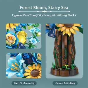 799PCS Blue Tone Starry Cypress Vase – Flower Bouquet Building Blocks Toys for Home Decor