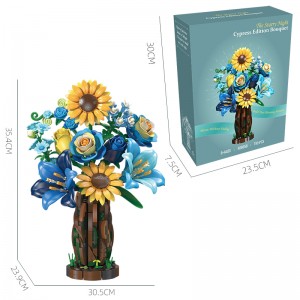 799PCS Blue Tone Starry Cypress Vase – Flower Bouquet Building Blocks Toys for Home Decor