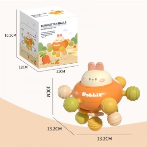Spädbarns söt kanin skallra bitring baby sensorisk gripande 360 ​​grader roterande tecknad kanin mjuk handgrepp boll leksak med ljud