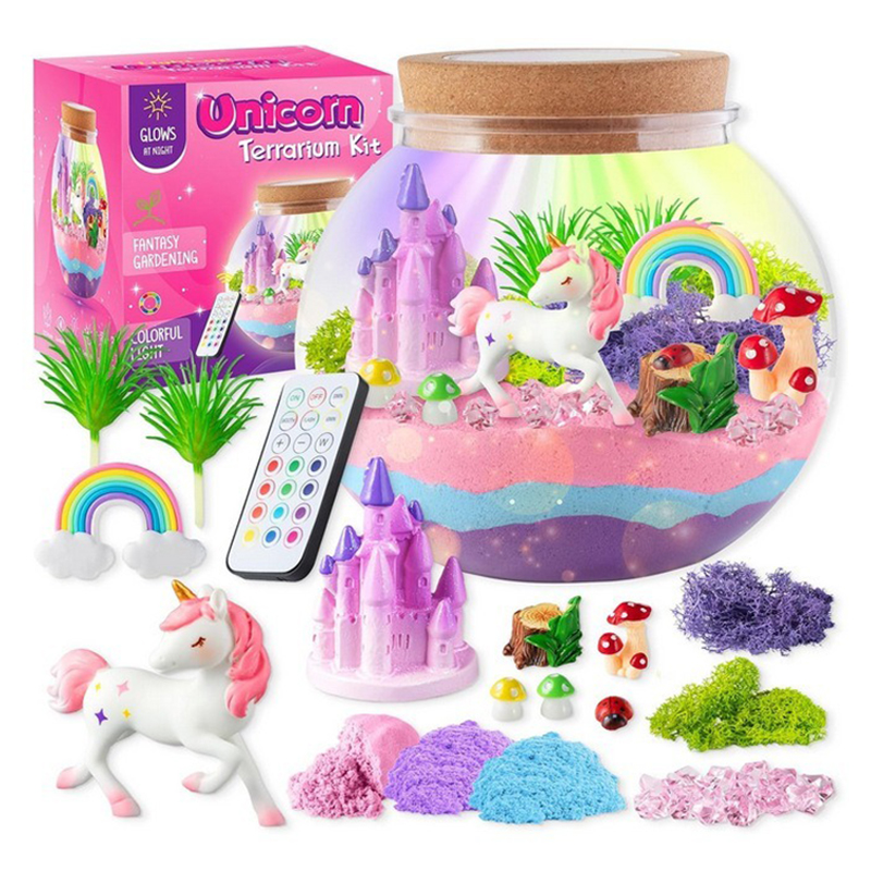 Glowing DIY Fairy Garden Kit – Unicorn/Mermaid/Dinosaur Micro Landscape Bottle, STEM Kids Craft Gift