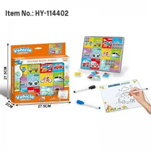 Vehicle Puzzle Blocks for Toddlers – Learning Toy with Drawing Board