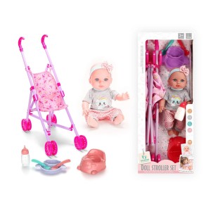 12 Inch Soft Vinyl Doll with Stroller & Feeding Set – Pretend Baby Care Toy