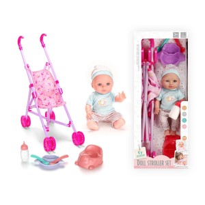 12 Inch Soft Vinyl Doll with Stroller & Feeding Set – Pretend Baby Care Toy