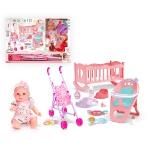 12 Inch Soft Vinyl Baby Doll with Stroller, Crib & High Chair – 3-in-1 Care Set