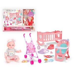 12 Inch Soft Vinyl Baby Doll with Stroller, Crib & High Chair – 3-in-1 Care Set