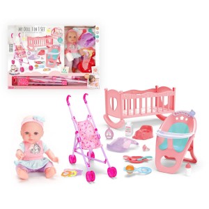 12 Inch Soft Vinyl Baby Doll with Stroller, Crib & High Chair – 3-in-1 Care Set