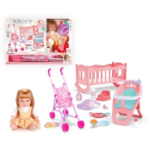 12 Inch Soft Vinyl Baby Doll with Stroller, Crib & High Chair – 3-in-1 Care Set