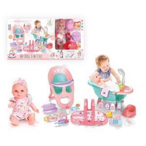 12 Inch Soft Vinyl Baby Doll with Cradle, High Chair & Bathtub – 3-in-1 Care Set