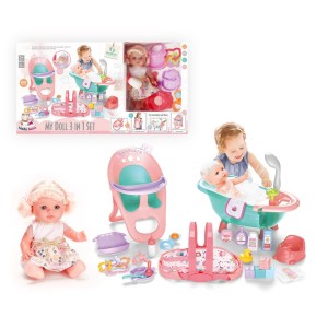 12 Inch Soft Vinyl Baby Doll with Cradle, High Chair & Bathtub – 3-in-1 Care Set