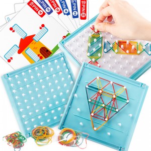 Child Montessori Educational Peg Board Kids Mathematical Graphical Geoboard STEM Toy with 60 Pattern Cards and 100 Latex Bands