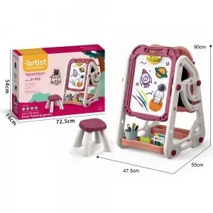 Double-Sided 90° Flip Easel Drawing Toys with Adjustable Stand & Stool – Art Board for Kids