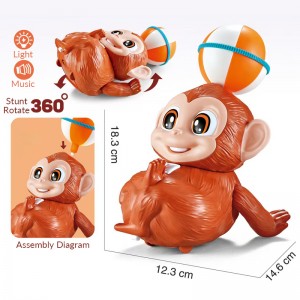 Cute Cartoon Electric Stunt Toy Animals Ball on the Head 360 Degrees Rotate Plastic Monkey Toys with Light & Music for Kids Gift