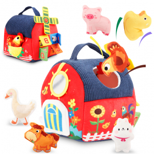 Toddlers Enlighten Gift Baby Portable Fabric Farm Cabin Educational Early Learning Farm Playhouse Toy with 6 Cartoon Animals
