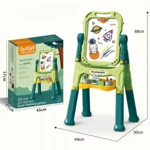 Kids 360° Double-Sided Flip Easel with Long Stand & Storage – Whiteboard Blackboard