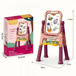 Kids 360° Double-Sided Flip Easel with Long Stand & Storage – Whiteboard Blackboard