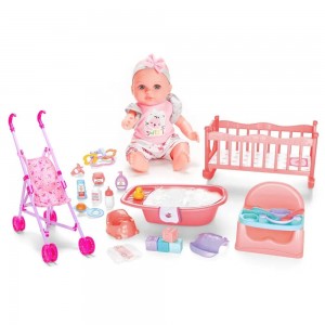 12 Inch Soft Vinyl Baby Doll with Stroller, High Chair & Bathtub – Multi-Scene Care Set
