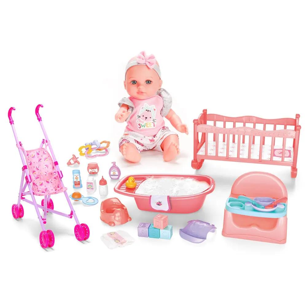 12 Inch Soft Vinyl Baby Doll with Stroller, High Chair & Bathtub – Multi-Scene Care Set
